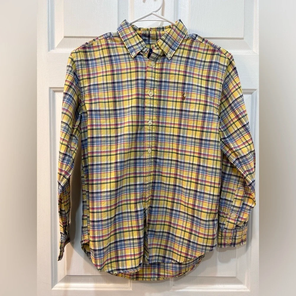 Ralph Lauren Button Front Shirt Youth Sz 14 Yellow Plaid Boys Long Sleeve Preppy